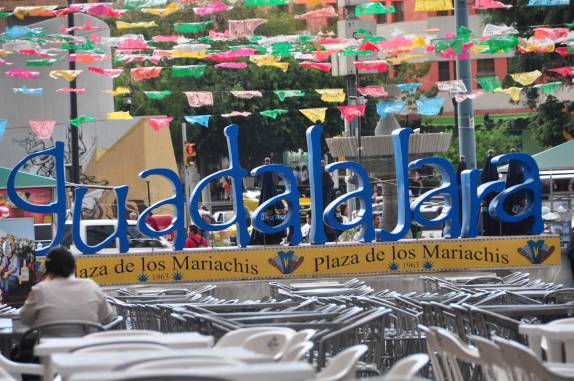 A famosa Plaza de los Mariachis, no centro de Guadalajara, no México